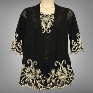 Evening Cocktail Womens Top XXL Black Gold Floral Embellished Sheer Whimsigoth‎